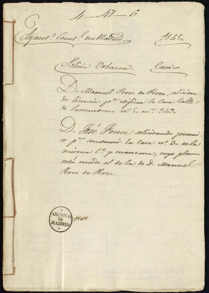 Miniatura de Don Manuel Pérez de Pérez, solicitando licencia para edificar la casa de la calle de Jacometrezo, 5, manzna 343. Don José Fouce solicitando permiso para construir la casa, 3 de la misma calle y manzana cuyo plano está unido al de la de don Manuel Pérez de Pérez