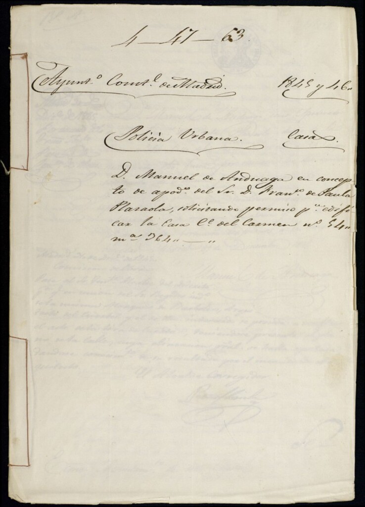 Miniatura de Don Manuel de Anduaga en concepto de apoderado del señor don Francisco de Paula Plazaola, solicitando permiso para edificar la casa de la calle del Carmen, 54, manzana 364