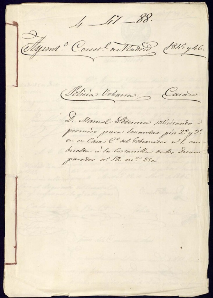 Miniatura de Don Manuel Ledesma solicitando permiso para levantar piso 2º y 3º en su casa, calle del Gobernador nº 1 con vuelta a la Costanilla de los Desamparados, nº 19, manzana 250.