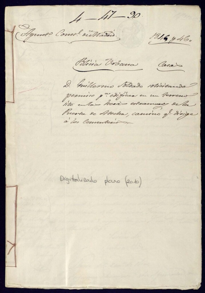 Miniatura de Don Guillermo Soldado, solicitando permiso para edificar en un terreno sito en las eras extramuros de la Puerta de Atocha, camino que dirige a los cementerios.