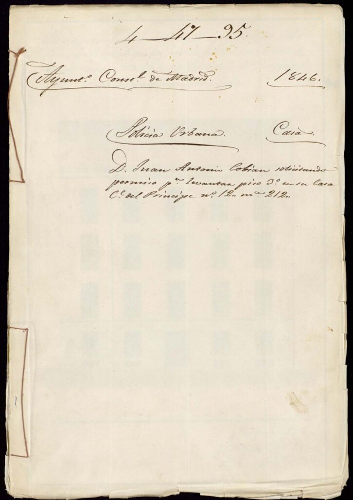Miniatura de Don Juan Antonio de Cobian solicitando permiso para levantar un piso tercero en su casa de la calle del Principe, 12 manzana 212