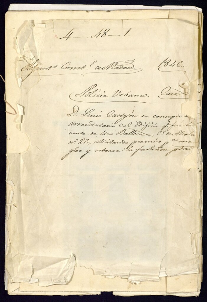 Miniatura de Don Lucio Castejón en concepto de arrendatario del edificio que fue convento de Vallecas, calle de Alcalá, número 27, manzana 17, solicita permiso para arreglar y rebocar la fachada principal.