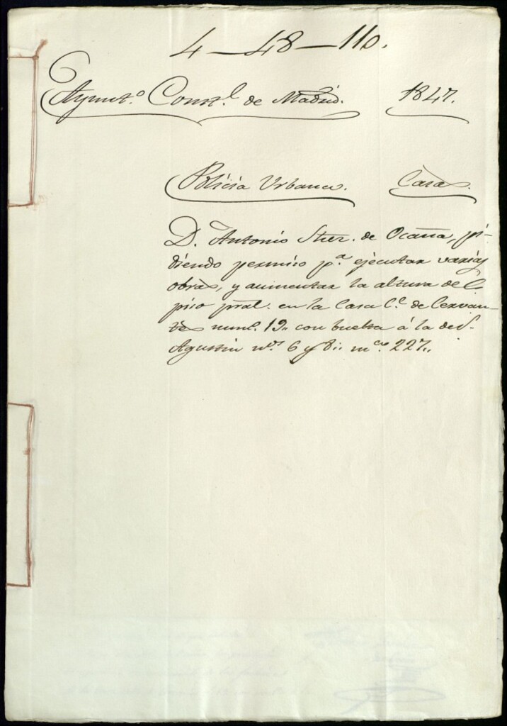 Miniatura de Don Antonio Sánchez de Ocaña, pidiendo permiso para ejecutar varias obras y aumentar la altura del piso principal en la casa de la calle de Cervantes, número 19 con vuelta a la de San Agustín, 6 y 8 manzana 227
