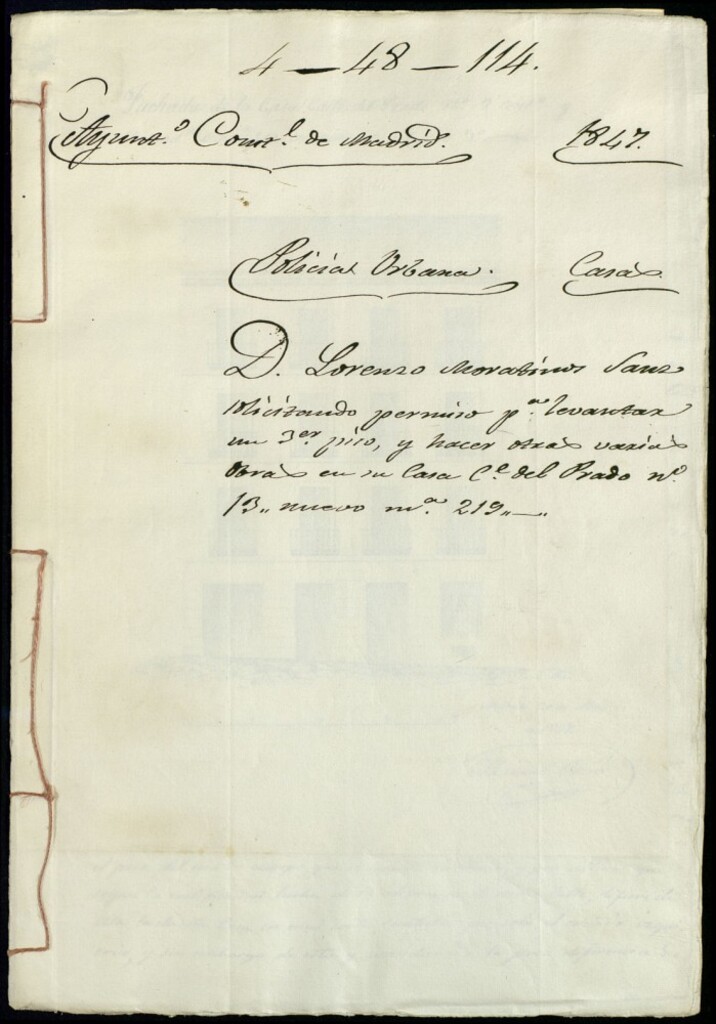 Miniatura de Don Lorenzo Moratinos Sanz solicitando permiso para levantar un tercer piso y hacer otras varias obras en su casa de la calle del Prado, número 13 nuevo, manzana 219