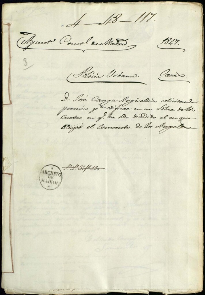 Miniatura de Don José Canga Argüelles solicitando permiso para edificar en un solar de los cuatro en que ha sido dividio el que ocupo el convento de los Ángeles.