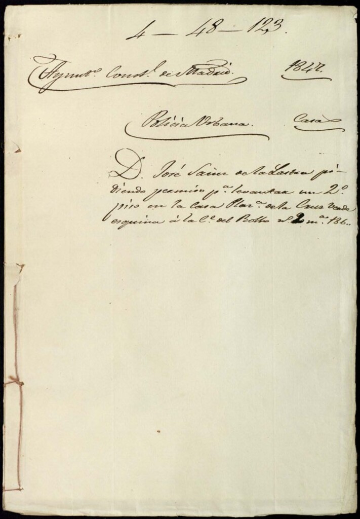 Miniatura de Don José Sainz de la Lastra pidiendo permiso para levantar un segundo piso en la casa de la Plaza de la Cruz Verde esquina a la calle del Rollo, 2, manzana 186