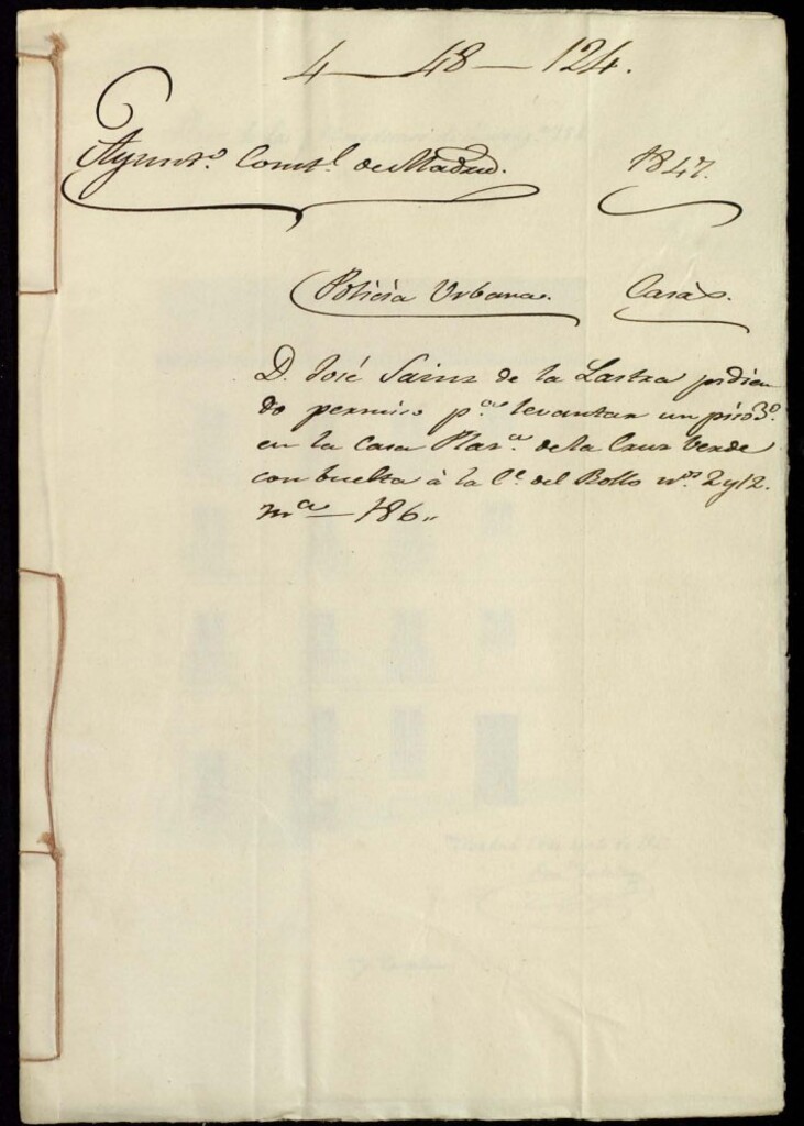 Miniatura de Don José Sainz de la Lastra pidiendo permiso para levantar un piso tercero en la casa de la Plaza de la Cruz Verde con vuelta a la calle del Rollo número 2 y 12, manzana 186