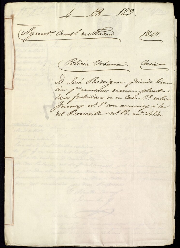 Miniatura de Don José Rodríguez pidiendo licencia para construir de nueva planta las fachadas de su casa de la calle de las Fuentes, 1 con accesorias a la del Bonetillo, 18 manzana 414