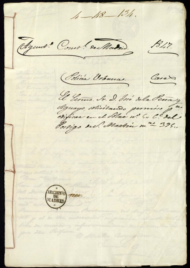 Miniatura de Don José de la Peña y Aguayo solicitando permiso para edificar en el solar 5 de la calle del Postigo de San Martín, manzana 395