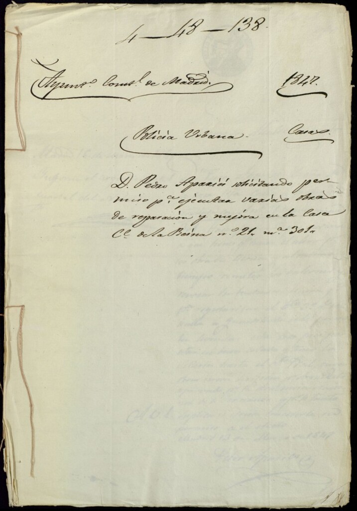 Miniatura de Don Pedro Aparici solicitando permiso para ejecutar varias obras de reparación y mejora en la casa de la calle de la Reina, 21, manzana 301