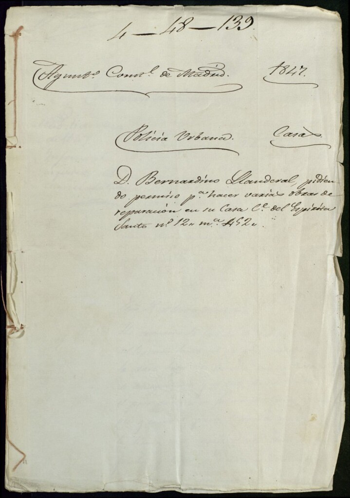 Miniatura de Don Bernardino Llanderal, pidiendo permiso para hacer varias obras de reparación en su casa de la calle del Espirtú Santo, 12, manzana 452