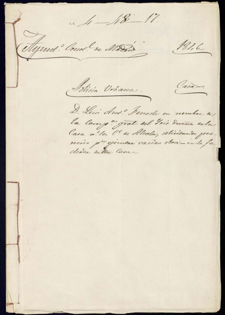 Miniatura de Don Luis Antonio Fenech en nombre de la compañía general del Iris, dueña de la casa número 10, calle de Alcalá, solicitando permiso para ejecutar varias obras en la fachada de dicha casa.