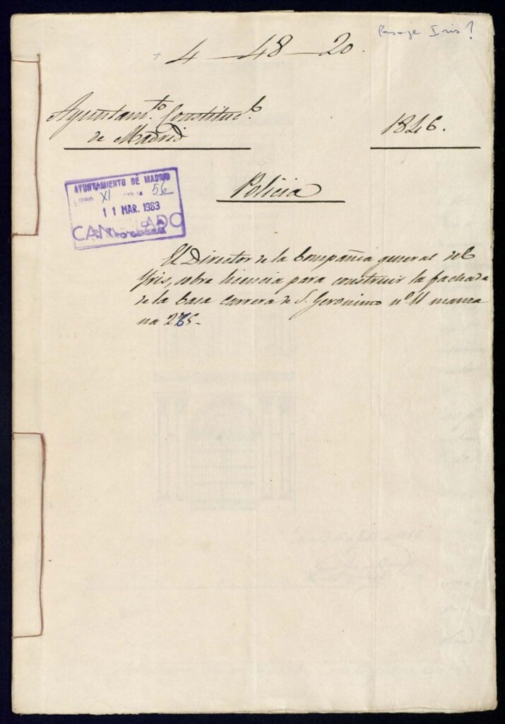 Miniatura de El director, don Felipe Fernández de Castro, de la compañía general del Iris sobre licencia para construir la fachada de la casa de la Carrera de San Jerónimo, 11, manzana 275
