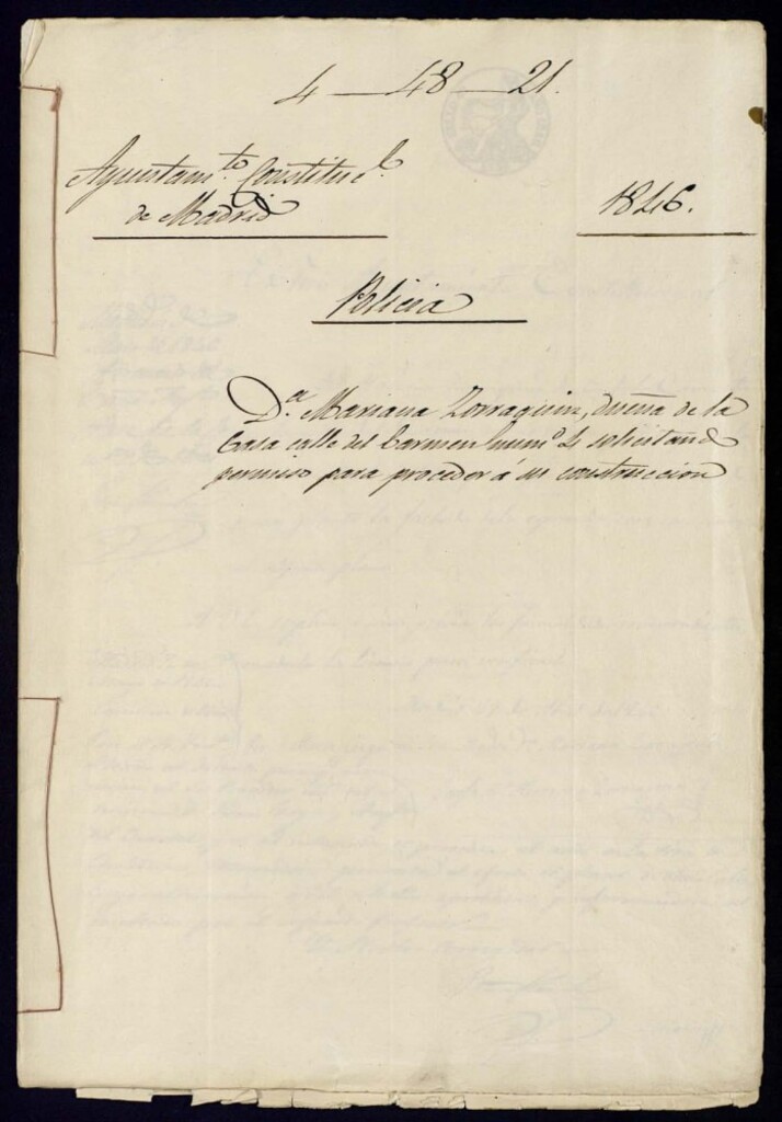Miniatura de Doña Mariana Zorraguin, dueña de la casa de la calle del Carmen, 4, solicitando permiso para proceder a su construcción.