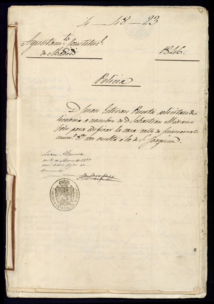 Miniatura de Don Juan Esteban Puerta, arquitecto de la Academia solicitando licencia a nombre de Sebastián Mediano Foix, dueño de una casa en la calle de Fuencarral número 87 con vuelta a la de San Joaquín.