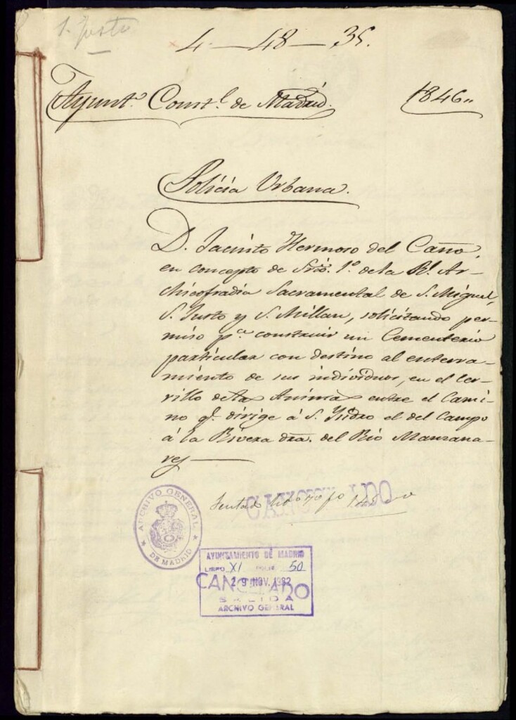 Miniatura de Don Jacinto Hermoso del Caño en concepto de Secretario de la Real Archicofradía Sacramental de San Miguel, San Justo y San Millan, solicitando permiso para contruir un cementerio particular con destino al enterramieno de sus individuos, en el Cerrillo de las Ánimas entre el Camino que dirige a San Isidro el del Campo de la Rivera derecha del Río Manzanares.