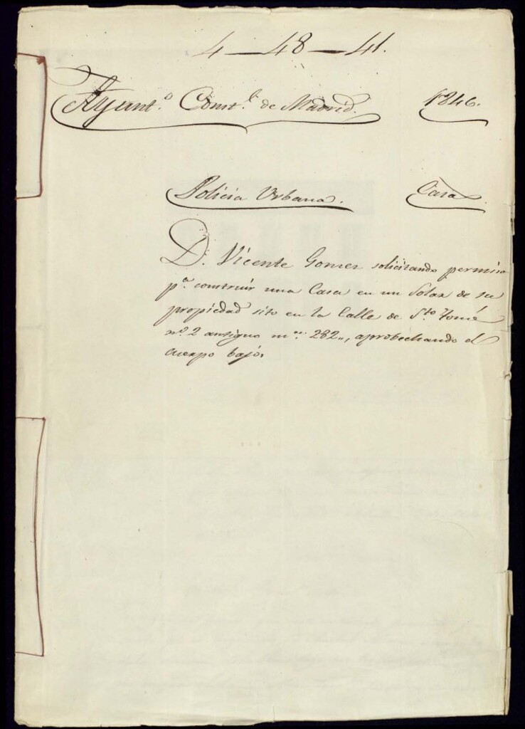 Miniatura de Don Vicente Gómez solicitando permiso para construir una casa en un solar de su propiedad situado en la calle de Santo Tomé, 2 antiguo manzana 282 aprovechando el cuerpo bajo.