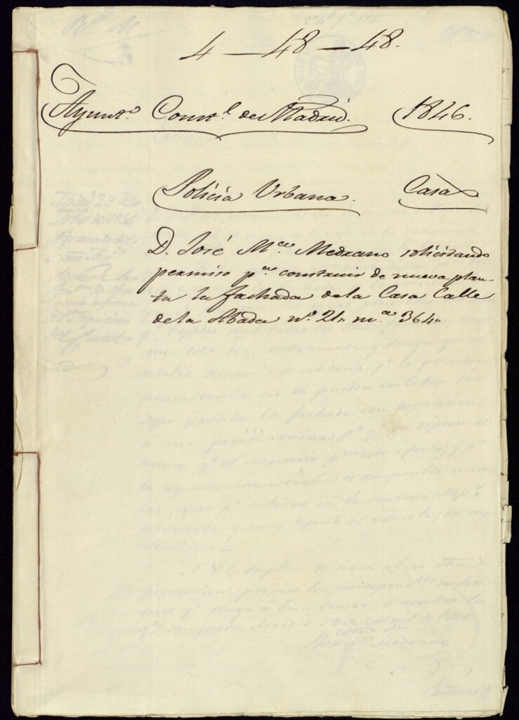 Miniatura de Don José María Medrano solicitando permiso para construir de nueva planta la fachada de la casa de la calle de la Abada, 21 nuevo y 15 viejo, manzana 364