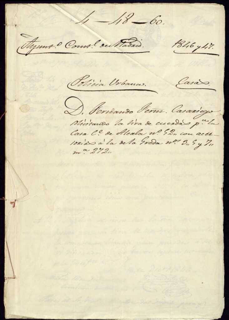 Miniatura de Don Fernando Fernández Casariego solicitando la tira de cuerdas para la casa de la calle de Alcalá, 52 con accesorias a la de la Greda, 3, 5 y 7, en la manzana 272