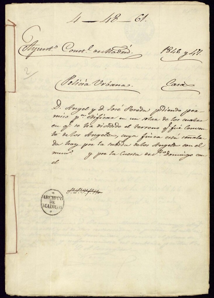 Miniatura de Don Ángel y don José Pereda pidiendo permiso para edificar en un solar de los cuatro en que se ha dividido el terreno que fue convento de los Angeles cuya finca está señalada hoy por la subida de los Angeles con el número y por la cuesta de Santo Domingo con el.