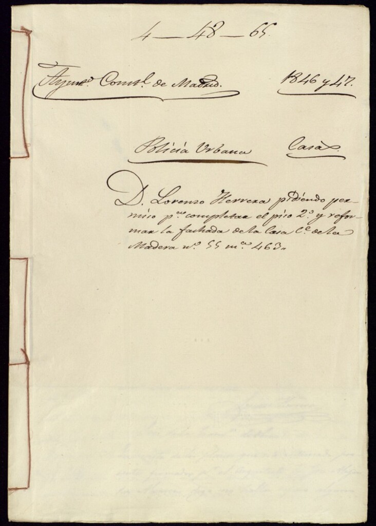 Miniatura de Don Lorenzo Herrera pidiendo permiso para completar el piso segundo y reforma la fachada de la casa de la calle de la Madera, 55, manzana 463