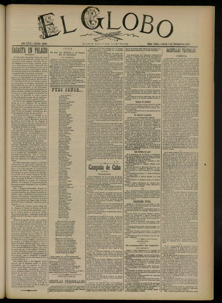 Miniatura de El Globo : diario ilustrado del 3 de diciembre de 1896, nº 7685