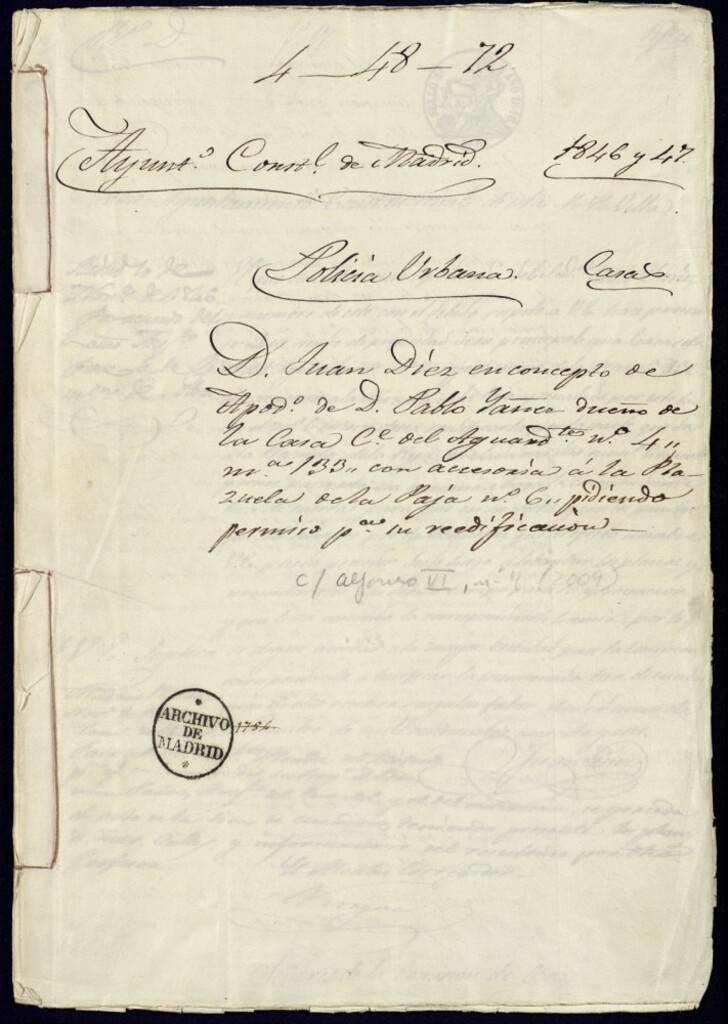 Miniatura de Don Juan Díez en concepto de apoderado de don Pablo Yáñez dueño de la casa de la calle del Aguardiente, 4 nuevo y 2 antiguo, en la manzana 133, con accesoria a la Plazuela de la Paja, 6, pidiendo permiso para su reedificación.