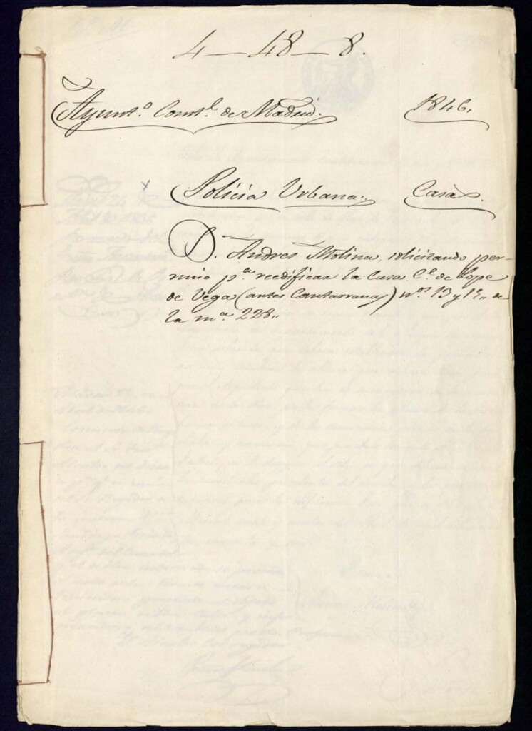 Miniatura de Don Andrés Molina solicitando permiso para reedificar la casa de la calle de Lope de Vega (antes Cantarranas), números 13 y 15 de la manzana 228