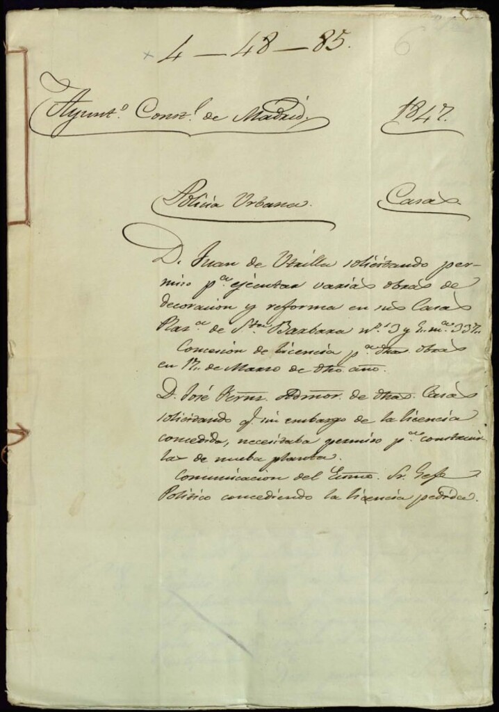 Miniatura de Don Juan de Utrilla solicitando permiso para ejecutar varias obras de decoración reforma en su casa de la Plaza de Santa Bárbara, 3 y 5, manzana 337. Concesión de licencia para dichas obras en 17 de marzo de dicho año. Don José Fernández, administrador de dichas casas solicitando que sin embargo de la licencia concedida necesitaba permiso para construirla de nueva planta. Comunicación del jefe político concediendo la licencia pedida.