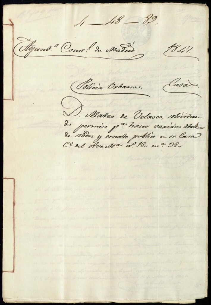Miniatura de Don Mateo de Velasco, solicitando permiso para hacer varias obras de solidez y ornato público en su casa de la calle del Ave María, 18, manzana 38
