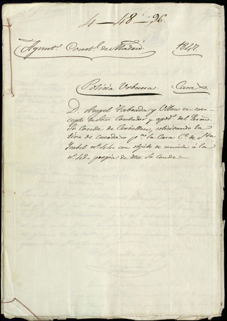 Miniatura de Don Ángel Taboada y Ulloa en concepto de secretario contador y apoderado del señor conde de Cerbellón, solicitando la tira de cuerdas para la casa de la calle de Santa Isabel, 44 con objeto de unirla a la número 42, propia de dicho señor conde. Manzana 18