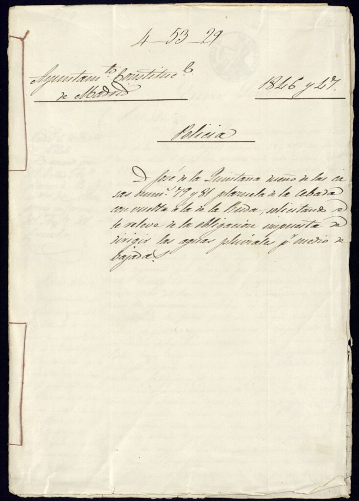 Miniatura de Don José de la Quintana dueño de las casas número 79 y 81 plazuela de la Cebada con vuelta a la de la Ruda, solicitando se le releve de la obligación impuesta de dirigir las aguas pluviales para medio de bajada.
