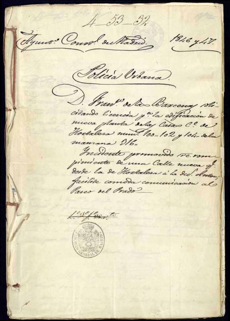Miniatura de Don Francisco de la Bárcenas solicitando licencia para la edificación de nueva planta de las casas de la calle de Hortaleza número 100, 102, 104 de la manzana 316. Incidente promovido sobre rompimiento de una calle nueva que desde la de Hortaleza a la de San Antón facilite cómoda comunicación al Paseo del Prado.