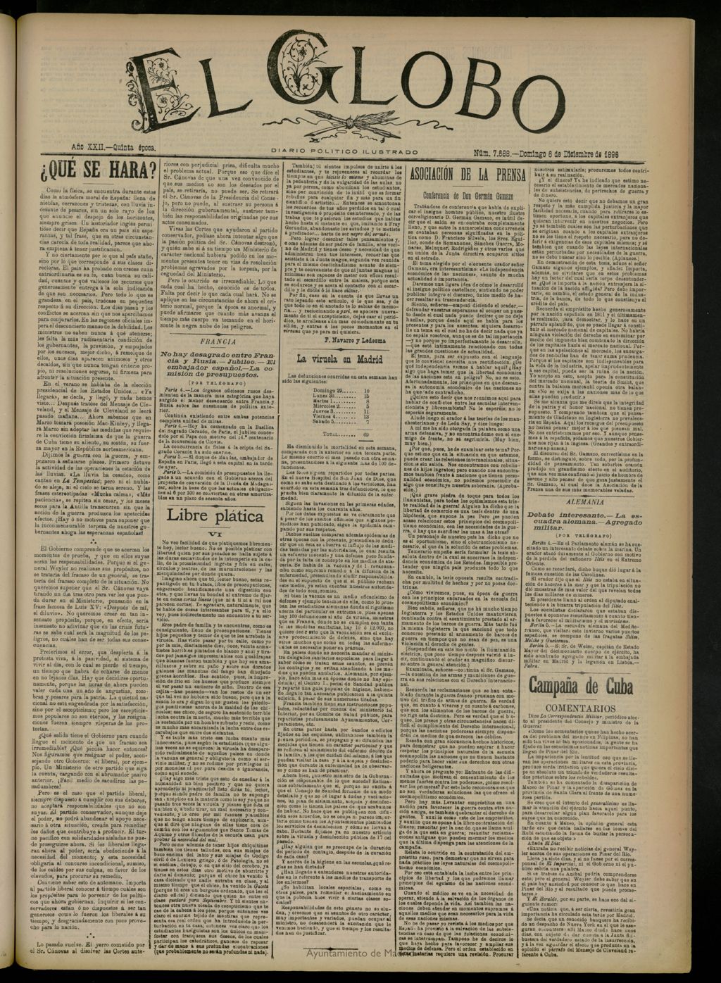 Miniatura de El Globo : diario ilustrado del 6 de diciembre de 1896, nº 7688