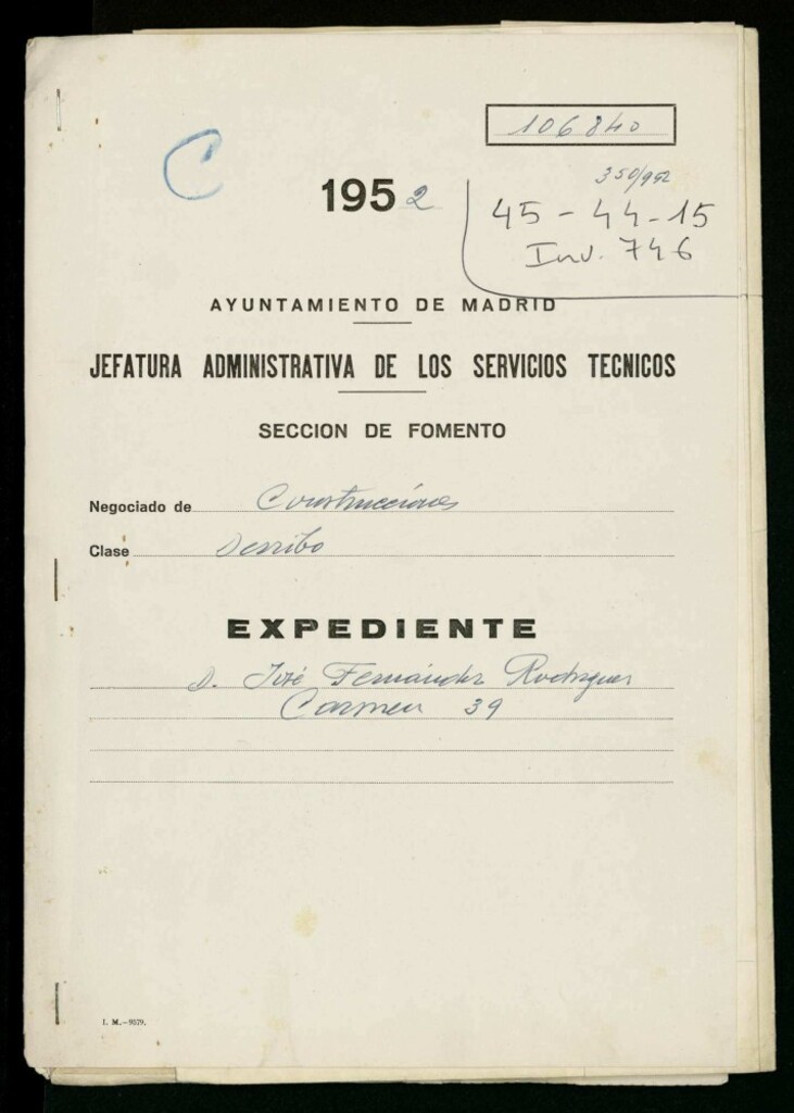 Miniatura de Don José Fernández Rodríguez. Carmen 39.
Derribo de un edificio existente en la casa nº 39 de la calle del Carmen con fachada a la Calle de Preciados nº 52, propiedad de Galerías Preciados.