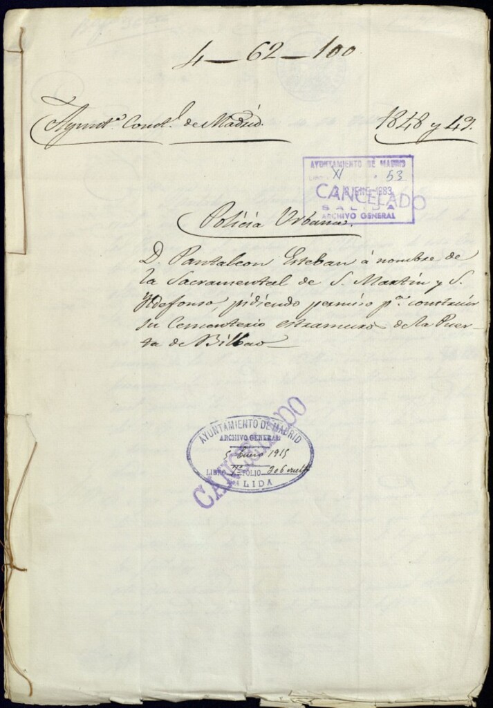 Miniatura de Don Pantaleón Esteban a nombre de la Sacramental de San Martín y San Ildefonso, pidiendo permiso para construir sucementerio extramuros de la Puerta de Bilbao
