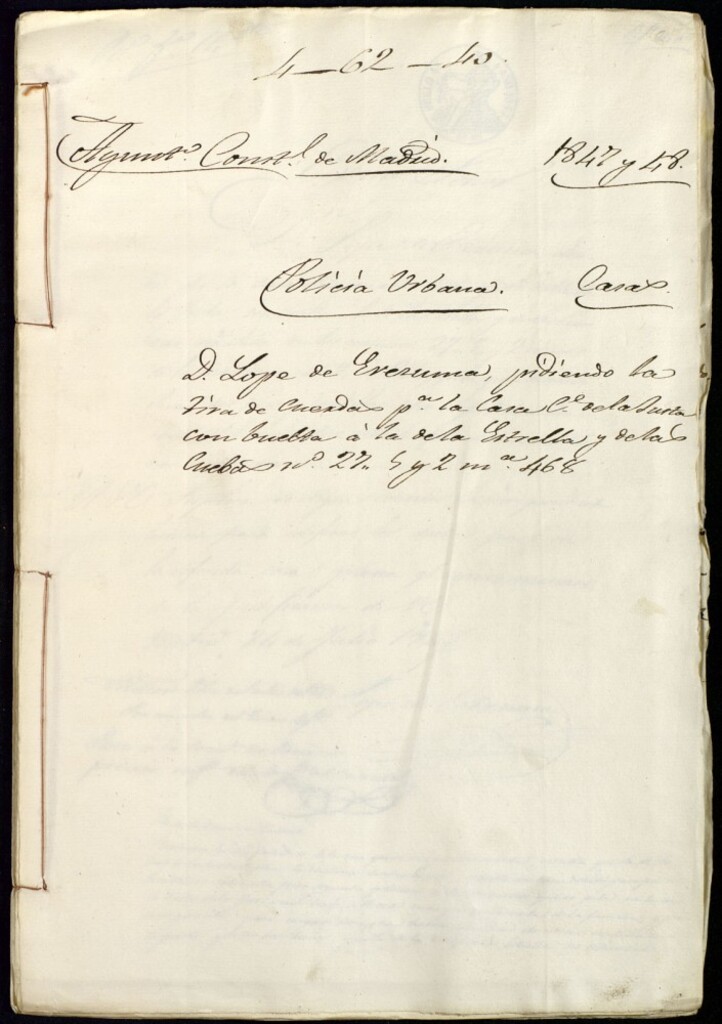 Miniatura de Don Lope de Erezuma pidiendo la tira de cuerdas para la casa de la calle de la Junta con vuelta a la de la Estrella y de las Cuevas señalada con los números 27, 5 y 2 nuevos de la manzana 468 solicita licencia para subir dos pisos y una bohardilla.