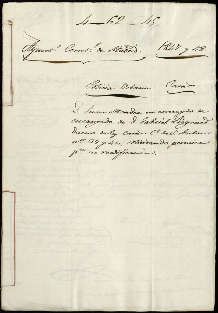 Miniatura de Don Juan Méndez en concepto de encargado de don Gabriel Liegeard dueño de las casas de la calle de San Antón 38 y 40 solicitando permiso para su reedificación. Manzana 323