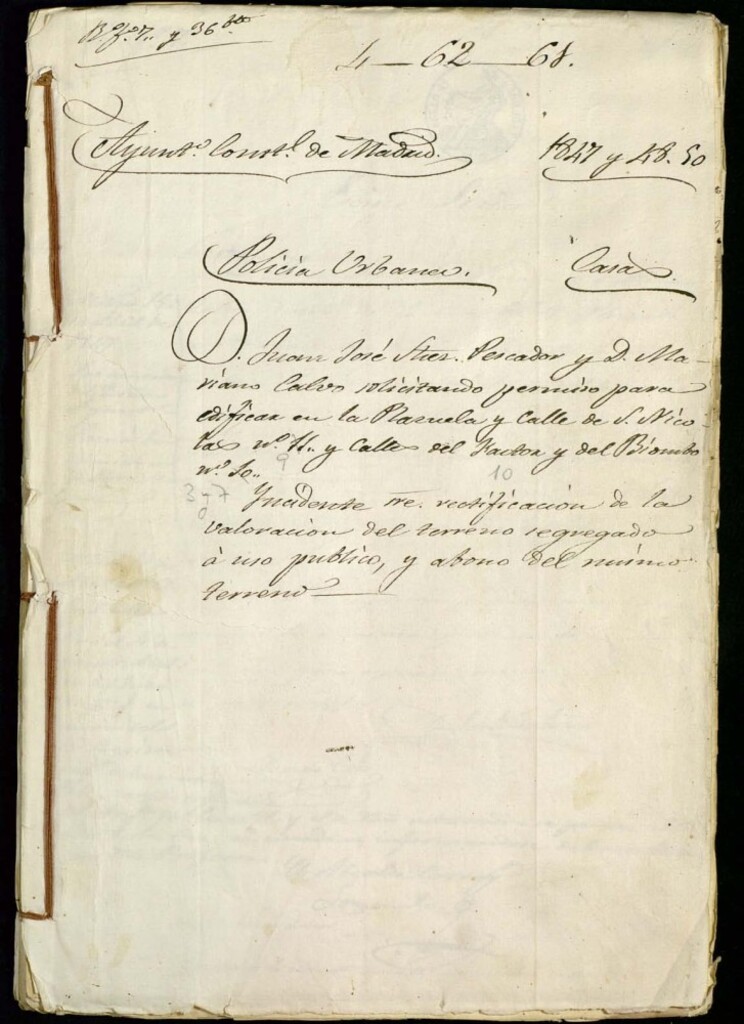 Miniatura de Don Juan José Fernandez Pescador y don Mariano Calvo solicitando permiso para edificar en la Plazuela y calle de San Nicolás, 11 y calle del Factor y del Biombo, 10, manzana 435