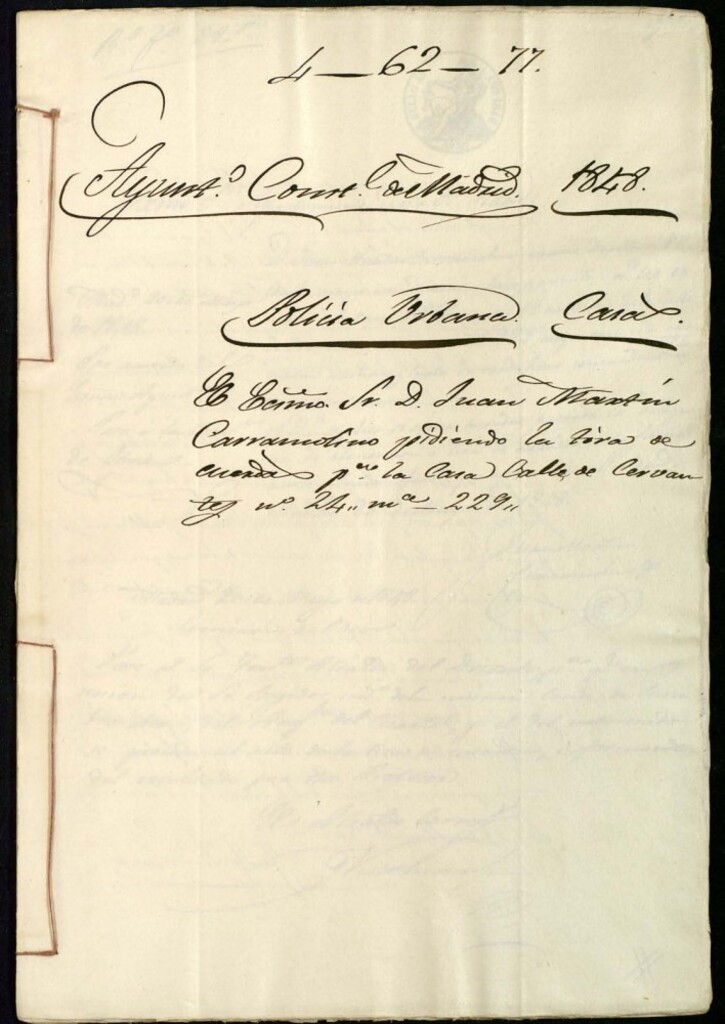 Miniatura de Don Juan Martín Carrancolino pidiendo la tira de cuerdas, para la casa de la calle de Cervantes, 24, manzana 229