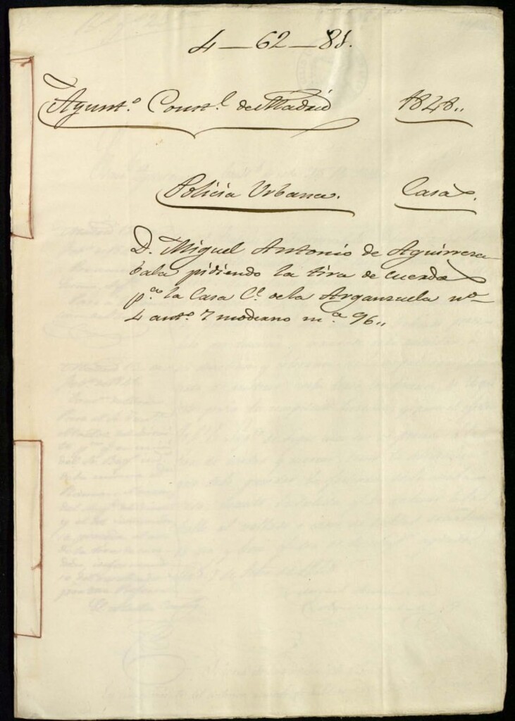 Miniatura de Don Miguel Antonio de Aguirrezabala pidiendo la tira de cuerdas para la casa de la calle de la Arganzuela, 4 antiguo y 7 moderno, manzana 96