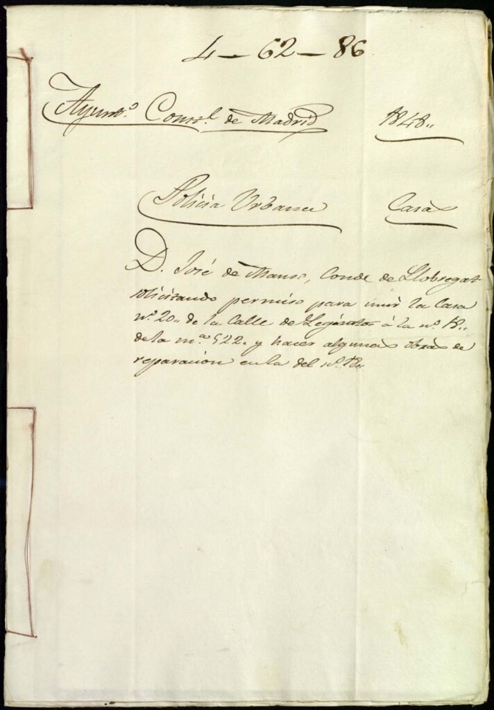 Miniatura de Don José de Mans, conde de Llobregat, solicitando permiso para unir la casa número 20, de la calle de Leganitos a la número 18, de la manzana 522 y hacer algunas obras de reparación en la del número 18