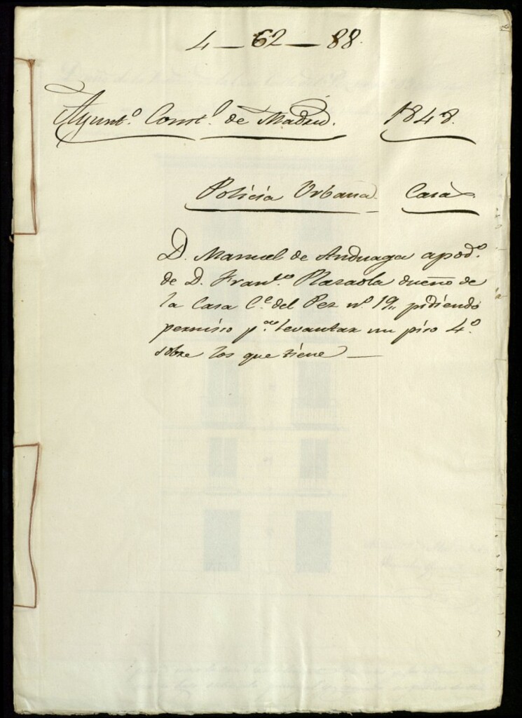 Miniatura de Don Manuel de Anduaga apoderado de don Francisco Plazaola dueño de la casa de la calle del Pez, 19, pidiendo permiso para levantar un piso cuarto sobre los que tiene