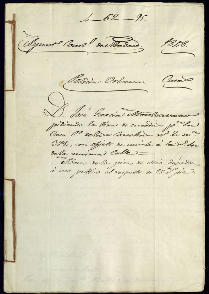 Miniatura de Don José García Monteavaro pidiendo la tira de cuerdas para la casa de la calle de las Conchas, número 2 manzana 398, con objeto de unirla a la número 4 de la misma calle. Abono de los pies de sitio dejado a uso público