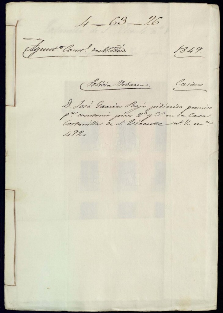 Miniatura de Don José García Rojo pidiendo permiso para construir pisos segundo y tercero en la casa de la costanilla de San Vicente, 7, manzana 492