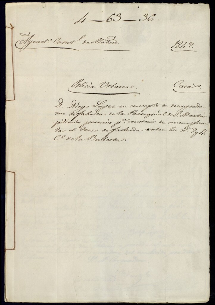 Miniatura de Don Diego López en concepto de mayordomo de fábrica de la parroquia de San Martín, pidiendo permiso para construir de nueva planta la fachada entre los números 9 y 11 de la calle de la Ballesta
