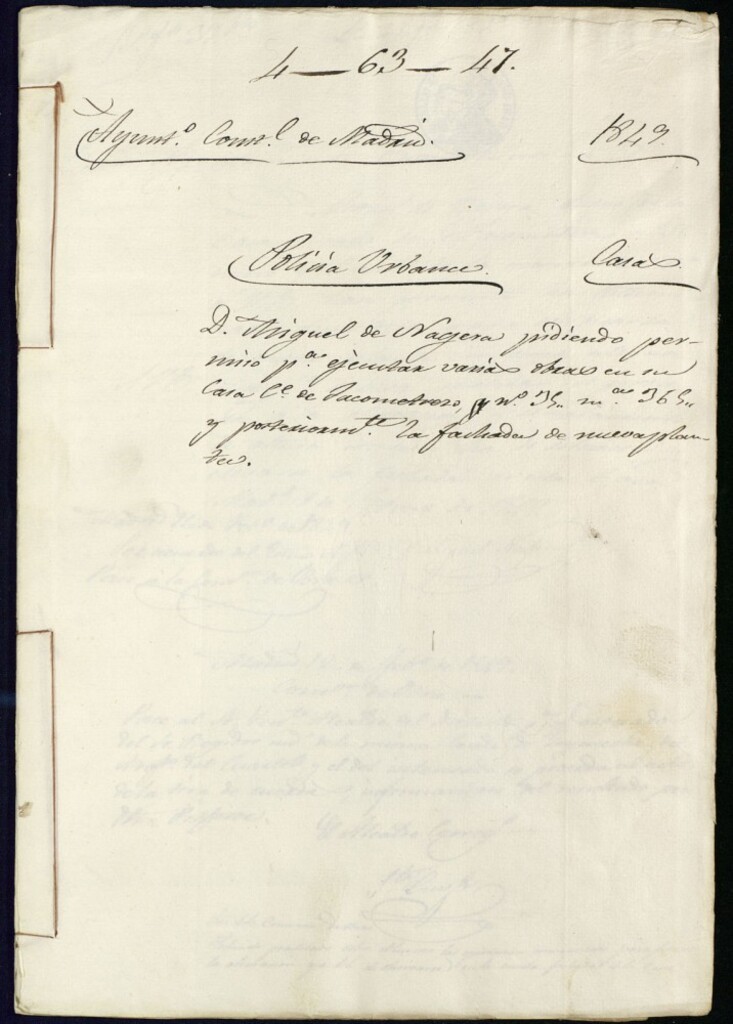 Miniatura de Don Miguel de Nágera pidiendo permiso para ejecutar varias obras en su casa de la calle de Jacometrezo, 35, manzana 365, y posteriormente la fachada de nueva planta.