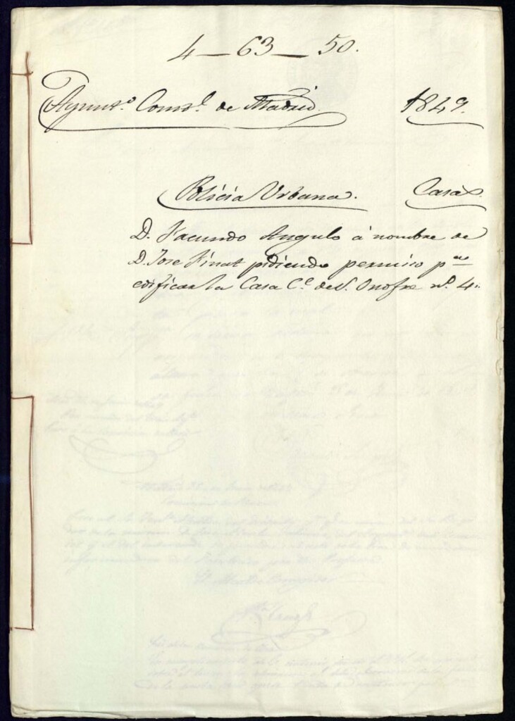 Miniatura de Don Facundo Angulo a nombre de Don José Finat pidiendo permiso para edificar la casa de la calle de San Onofre, 4 moderno y 21 antiguo y manzana 346