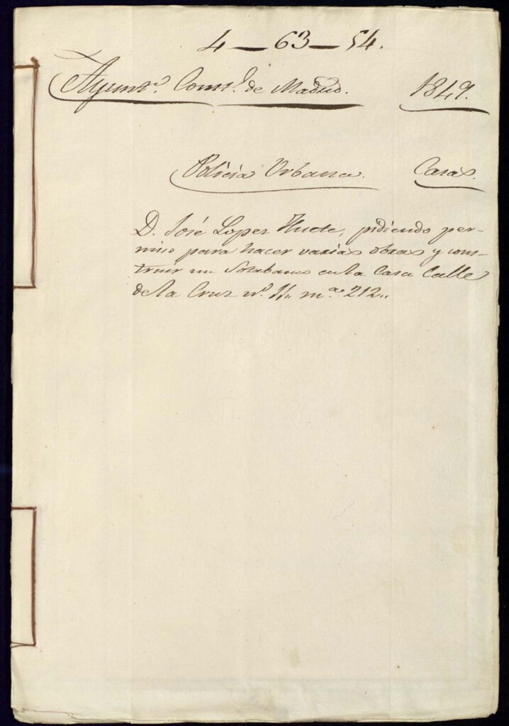 Miniatura de Don José López Huete pidiendo permiso para hacer varias obras y construir un sotobanco en la casa de la calle de la Cruz, 11 manzana 212