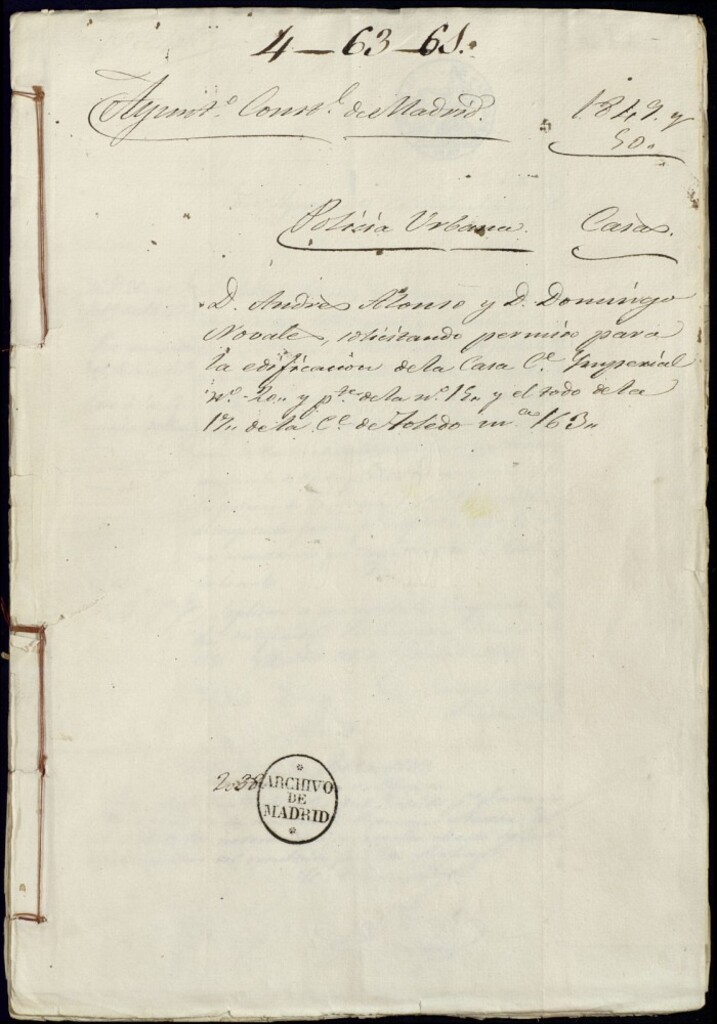 Miniatura de Don Andrés Alonso y don Domingo Nobate solicitando permiso para la casa de la calle Imperial, 20 y frente a la número 15 y el codo de la 17 de la calle Toledo, manzana 163